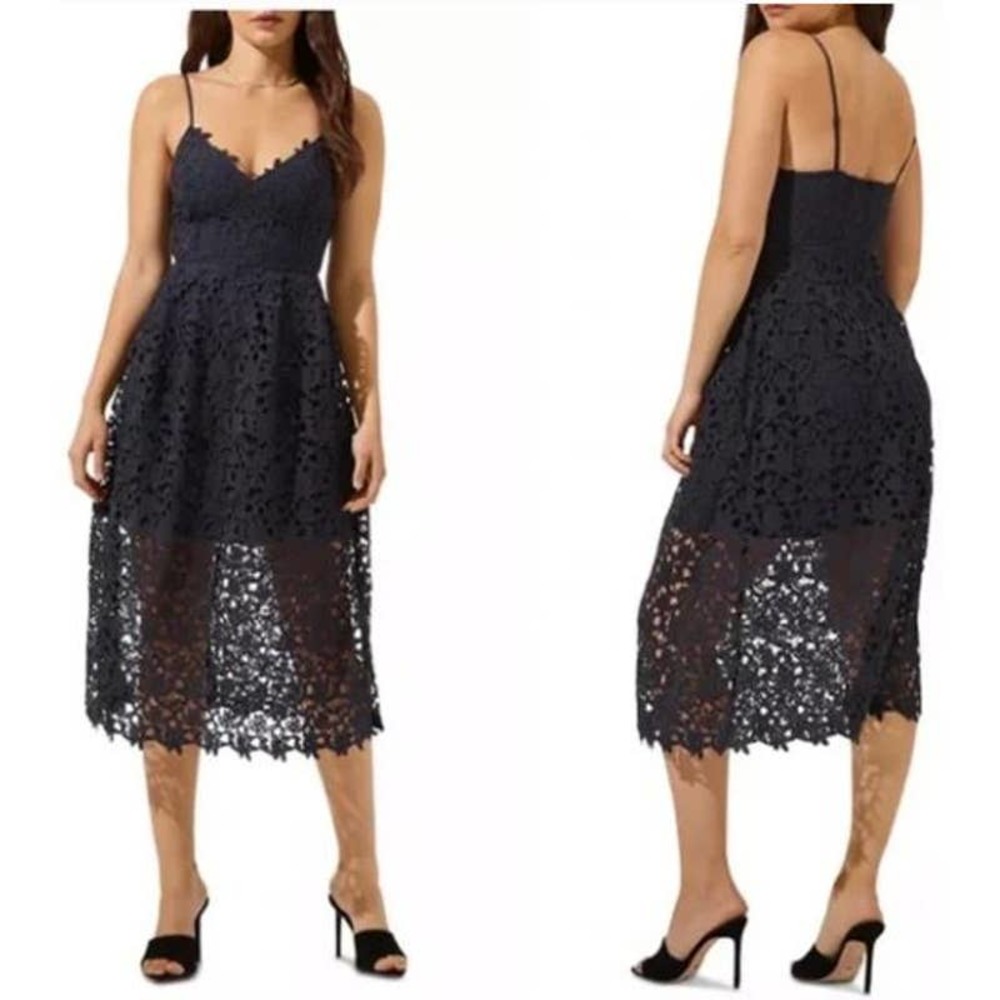 Astr Navy Blue Lace Midi Dress